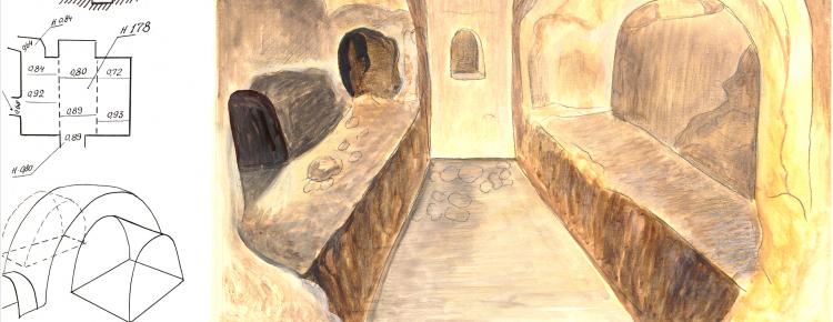Axonometric drawing of the crypt with two couches in St. Nestor branch of the Near Caves